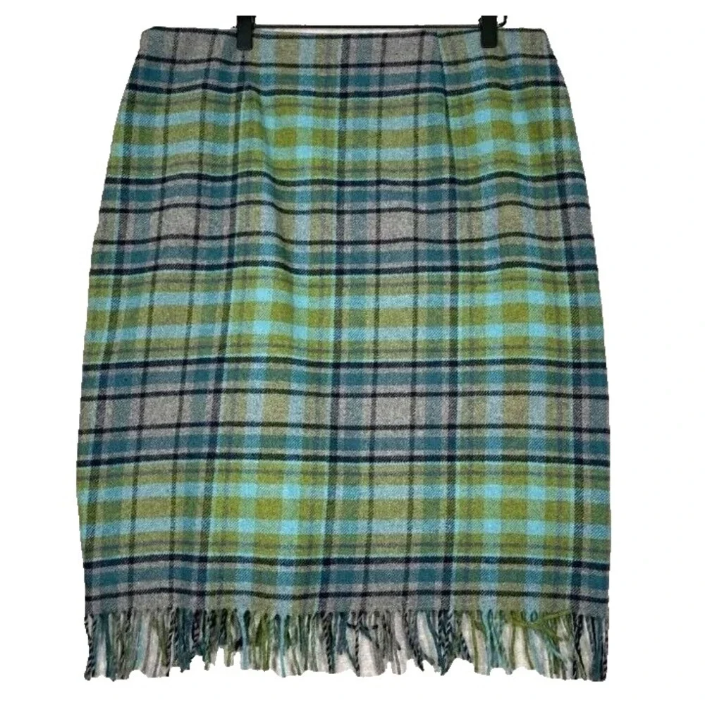 NWT J Jill Womens Plaid Skirt Sz 8P Green Gray Wool Blend Tartan Fringe Academia